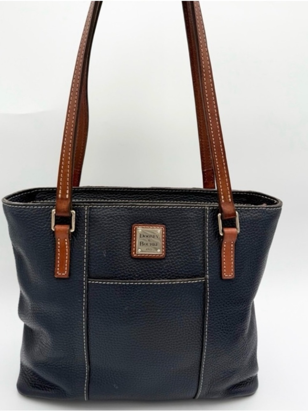 Dooney & Bourke Navy Pebbled Leather Lexington Tote with Brown Straps